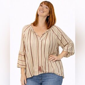 Mystree Boho Cream and Brown Striped Blouse Size M Coastal Comfy